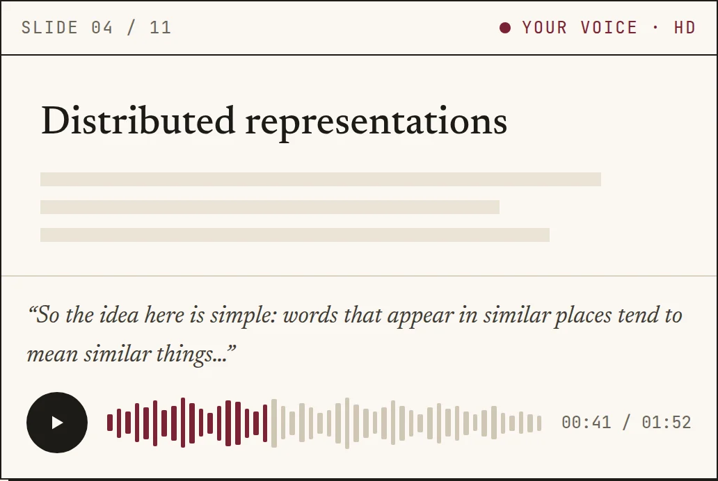 LectureVoice player showing slide 4 of 11, a line of narration and a waveform